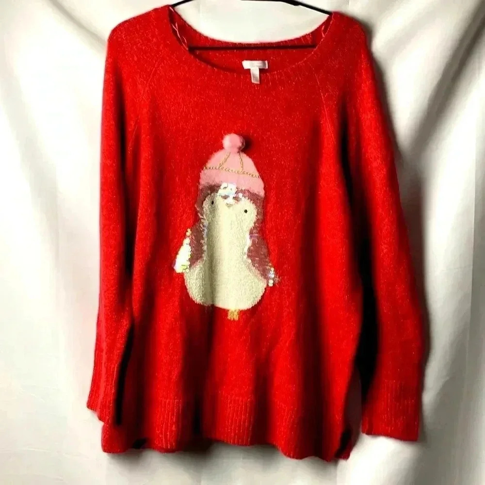 LAUREN CONRAD WO SIZE XL PETITE  SOFT‎ ROSE RED METALLIC THREAD SWEATER PENGUIN